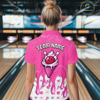 Custom Pink Ice Cream Drip Bowling Ball Pins Bowling Jerseys for Women Team Polo & 1/4 Zip HNT552