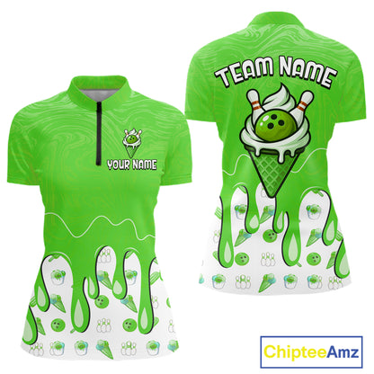 Custom Green Ice Cream Drip Bowling Ball Pins Bowling Jerseys for Women Team Polo & 1/4 Zip HNT552