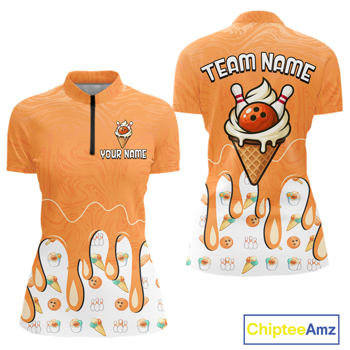 Custom Orange Ice Cream Drip Bowling Ball Pins Bowling Jerseys for Women Team Polo & 1/4 Zip HNT552