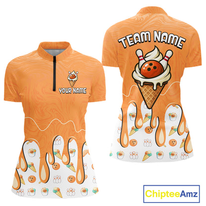 Custom Orange Ice Cream Drip Bowling Ball Pins Bowling Jerseys for Women Team Polo & 1/4 Zip HNT552