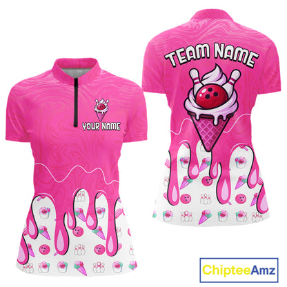 Custom Pink Ice Cream Drip Bowling Ball Pins Bowling Jerseys for Women Team Polo & 1/4 Zip HNT552