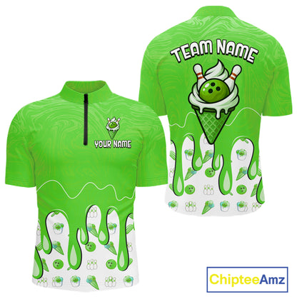 Custom Green Ice Cream Drip Bowling Ball Pins Bowling Jerseys for Men Team Polo & 1/4 Zip HNT552