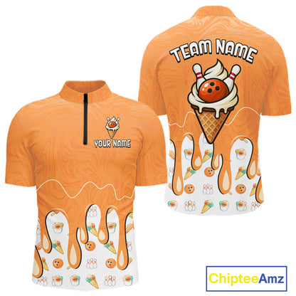 Custom Orange Ice Cream Drip Bowling Ball Pins Bowling Jerseys for Men Team Polo & 1/4 Zip HNT552