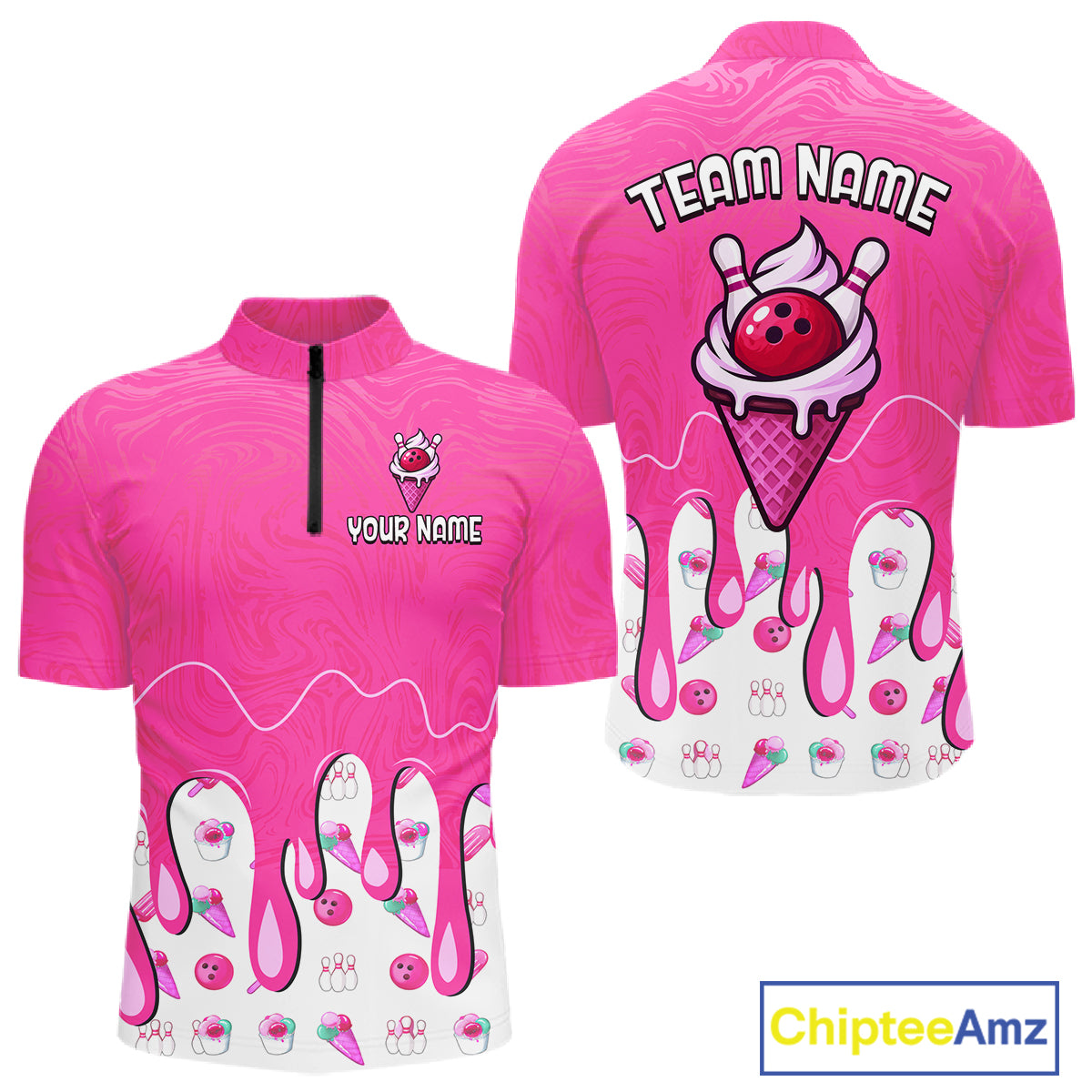 Custom Pink Ice Cream Drip Bowling Ball Pins Bowling Jerseys for Men Team Polo & 1/4 Zip HNT552