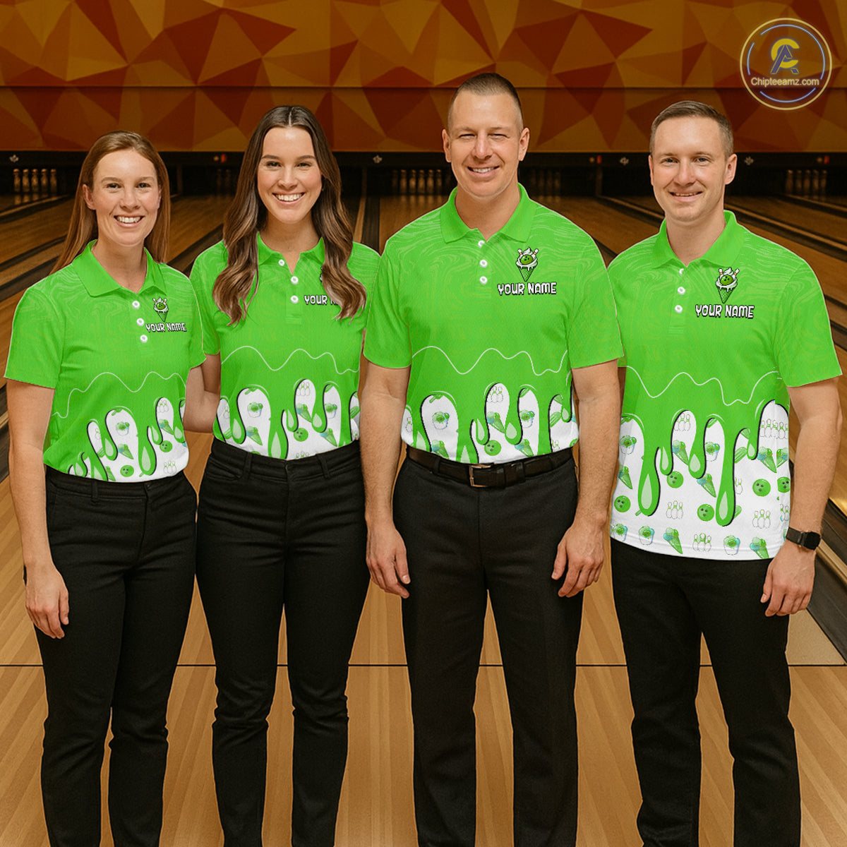 Custom Green Ice Cream Drip Bowling Ball Pins Bowling Jerseys for Men Team Polo & 1/4 Zip HNT552
