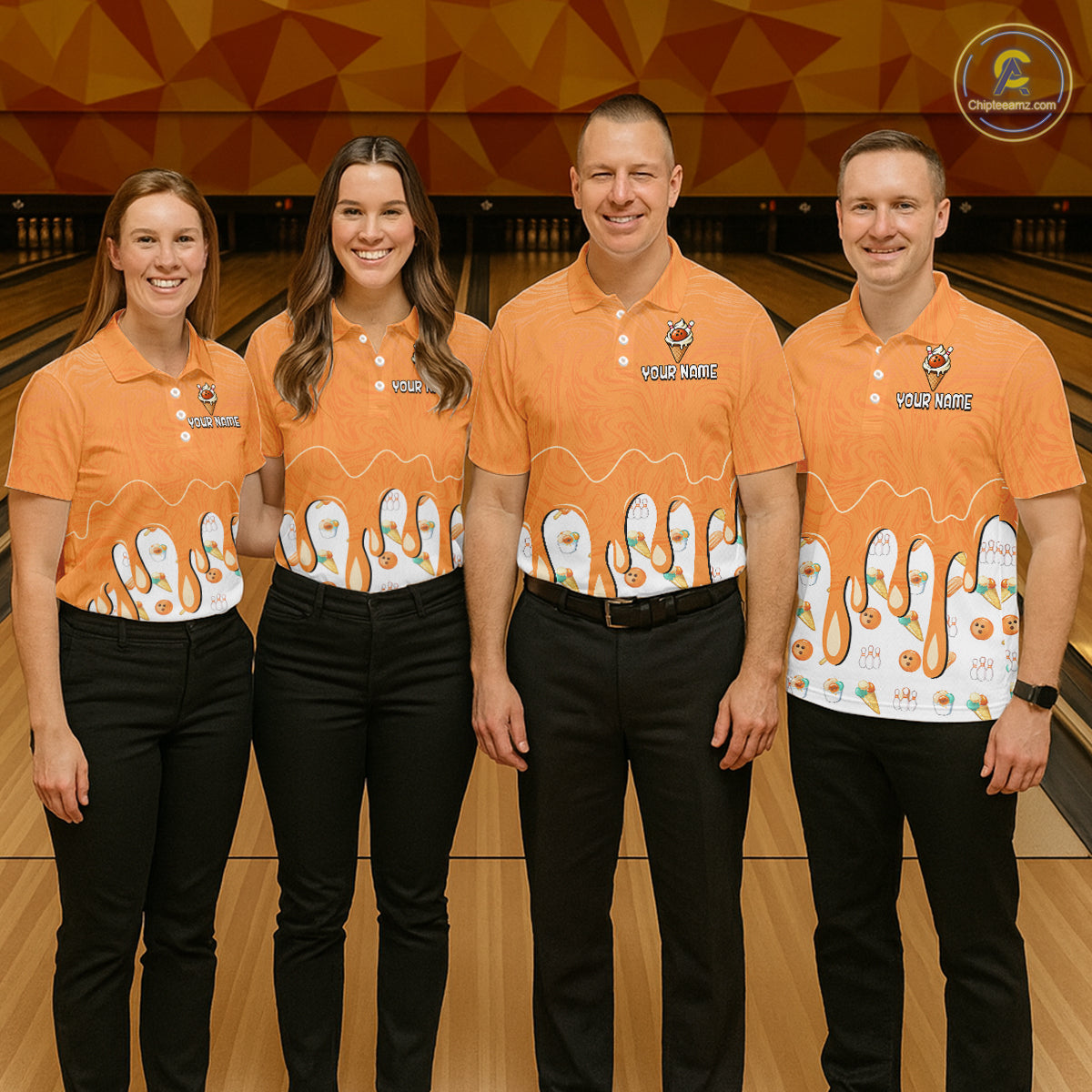 Custom Orange Ice Cream Drip Bowling Ball Pins Bowling Jerseys for Women Team Polo & 1/4 Zip HNT552