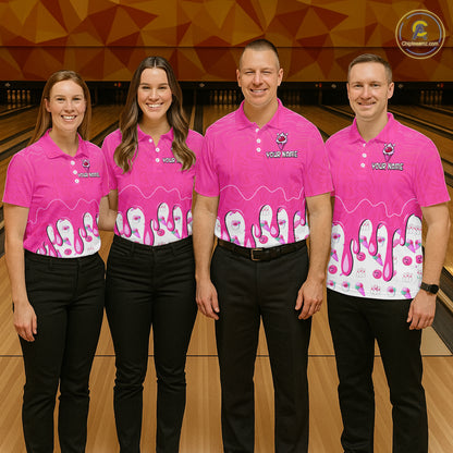 Custom Pink Ice Cream Drip Bowling Ball Pins Bowling Jerseys for Women Team Polo & 1/4 Zip HNT552