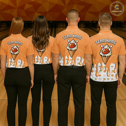 Custom Orange Ice Cream Drip Bowling Ball Pins Bowling Jerseys for Men Team Polo & 1/4 Zip HNT552