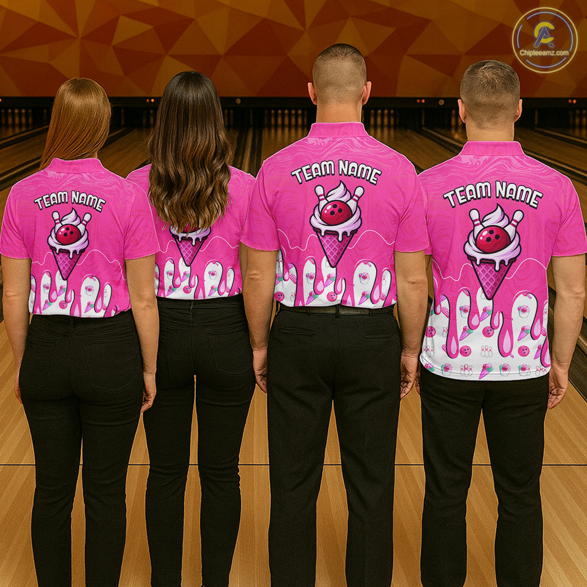 Custom Pink Ice Cream Drip Bowling Ball Pins Bowling Jerseys for Women Team Polo & 1/4 Zip HNT552