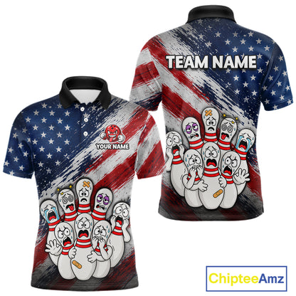 Front and back views of a short-sleeve polo shirt featuring a distressed American flag background with cartoon bowling pins screaming in fear. The front has a black collar, a red bowling pin graphic with the text 'YOUR NAME', and the back has 'TEAM NAME' across the shoulders.
