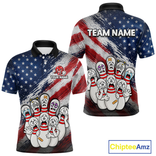 Front and back views of a short-sleeve polo shirt featuring a distressed American flag background with cartoon bowling pins screaming in fear. The front has a black collar, a red bowling pin graphic with the text 'YOUR NAME', and the back has 'TEAM NAME' across the shoulders.