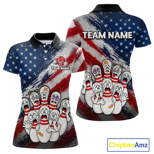 Front and back views of a short-sleeve polo shirt featuring a distressed American flag design in red, white, and blue, with cartoon bowling pins and pins falling over. The front has a red bowling pin graphic with the text 'YOUR NAME', and the back has 'TEAM NAME' across the shoulders.