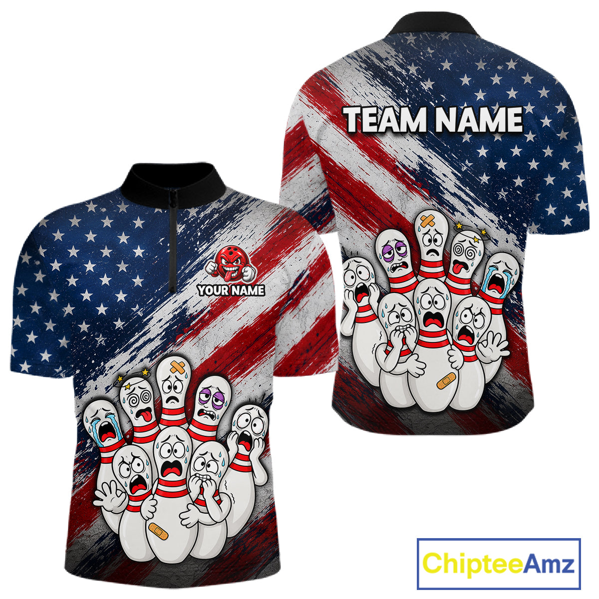 Front and back views of a short-sleeve polo shirt featuring a distressed American flag design with cartoon bowling pins screaming in fear. The front has a black collar and a partial zipper, with customizable text 'YOUR NAME' and a red bowling pin graphic.