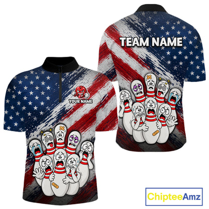 Front and back views of a short-sleeve polo shirt featuring a distressed American flag design with cartoon bowling pins screaming in fear. The front has a black collar and a partial zipper, with customizable text 'YOUR NAME' and a red bowling pin graphic.