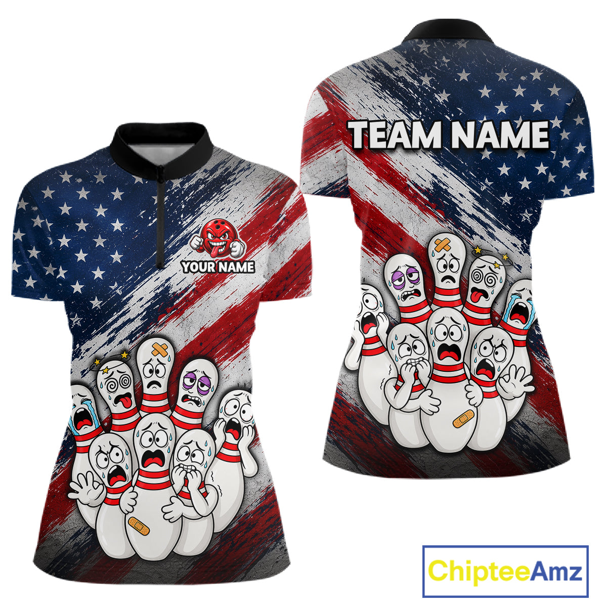 Front and back views of a custom polo shirt featuring a distressed American flag design with cartoon bowling pins and pins falling over. The front has a black collar and a partial zipper, with customizable text 'YOUR NAME' and 'TEAM NAME' on the chest.