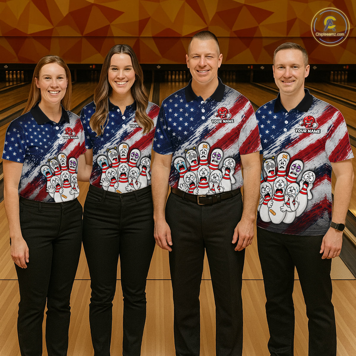 Four people standing together in a bowling alley wearing matching patriotic bowling shirts with a red, white, and blue American flag design and bowling pin graphics, paired with black pants.