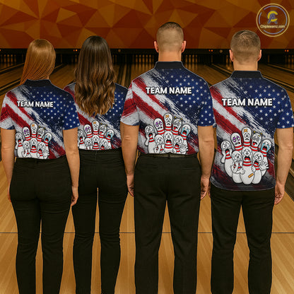 Four people standing in a bowling alley, viewed from behind, wearing matching custom bowling shirts with a patriotic American flag design, bowling pins, and placeholder text 'TEAM NAME'.