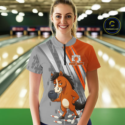 Custom Funny Horse Bowling Jersey for Women Bowling Team Shirts Bowling League Polo & 1/4 Zip HNT181