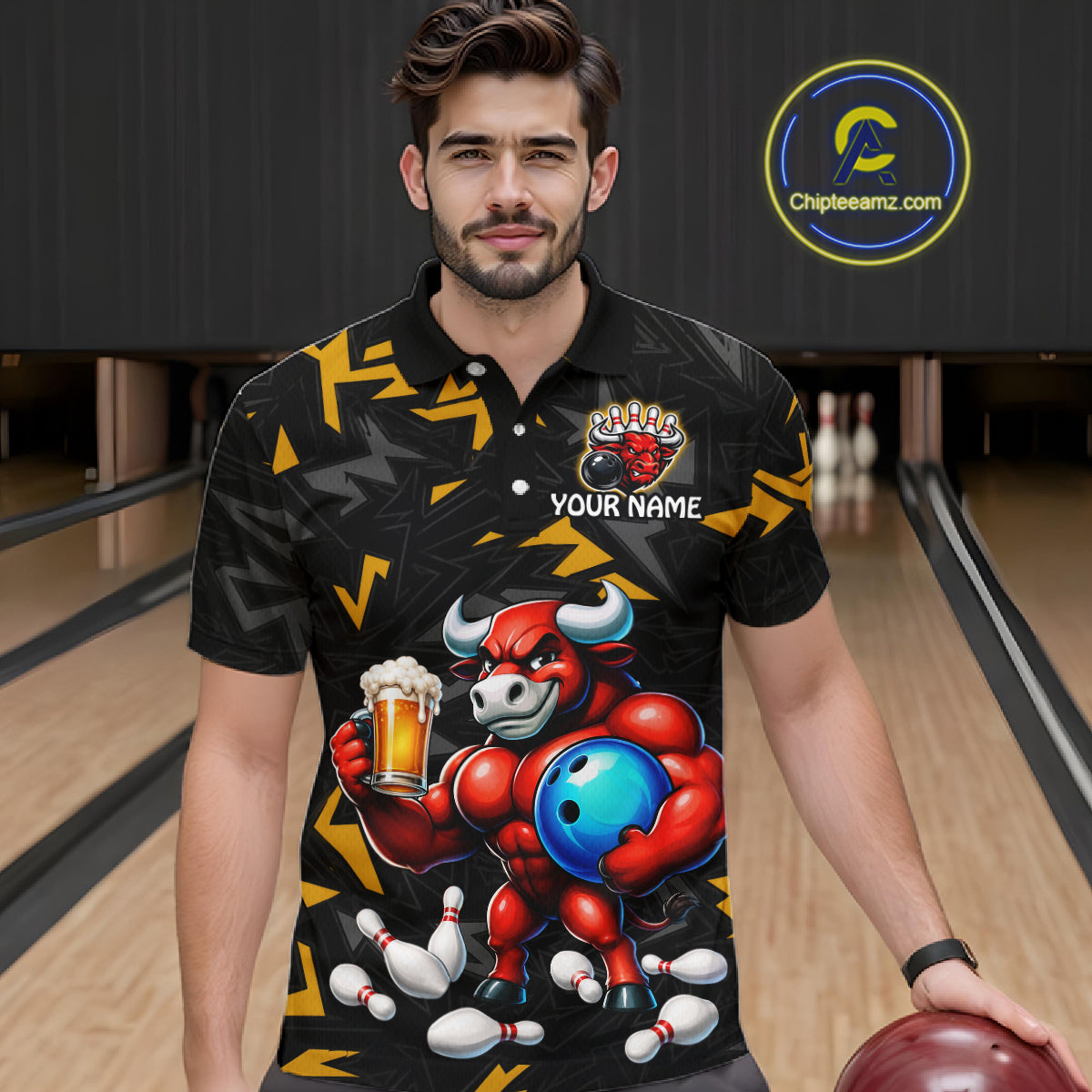 Men’s yellow beer bull bowling polo shirt, front view on male model in bowling lane 