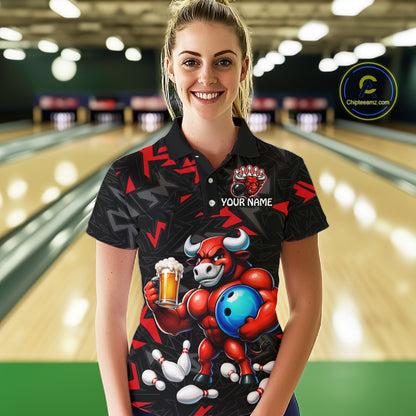 Women’s red beer bull bowling polo shirt, front view on female model in bowling lane 