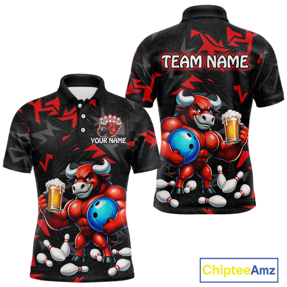 Custom red beer bull bowling jersey for men, personalized team bowling polo shirt front view and back view