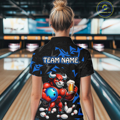 Women’s blue beer bull bowling quarter zip shirt, back view on female model in bowling lane 