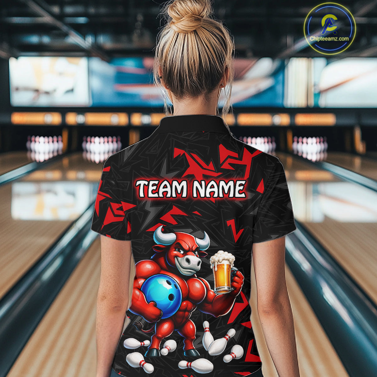 Women’s red beer bull bowling polo shirt, back view on female model in bowling lane 