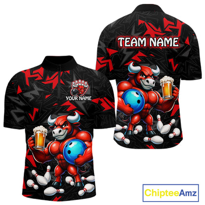 Custom red beer bull bowling jersey for men, personalized team bowling quarter zip shirt front view and back view