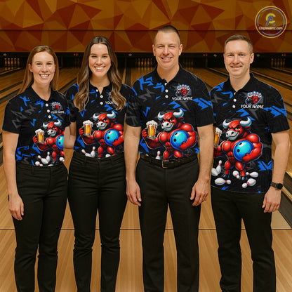 Group of bowlers in blue beer bull team shirts, personalized bowling uniforms front view.