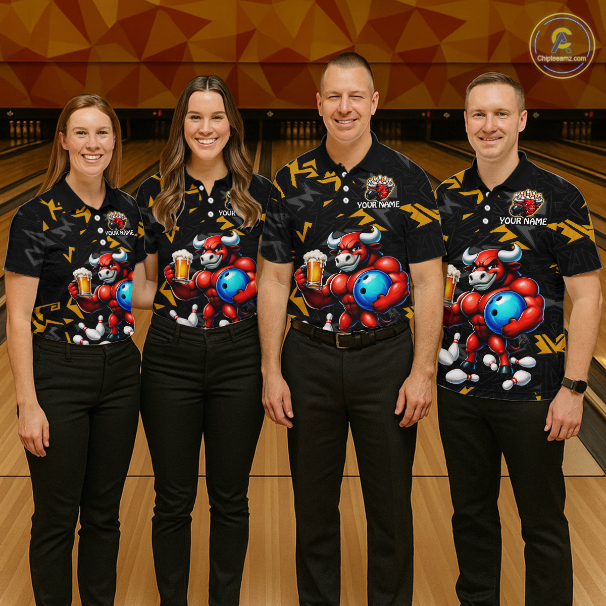 Group of bowlers in beer bull team shirts, personalized bowling uniforms front view.