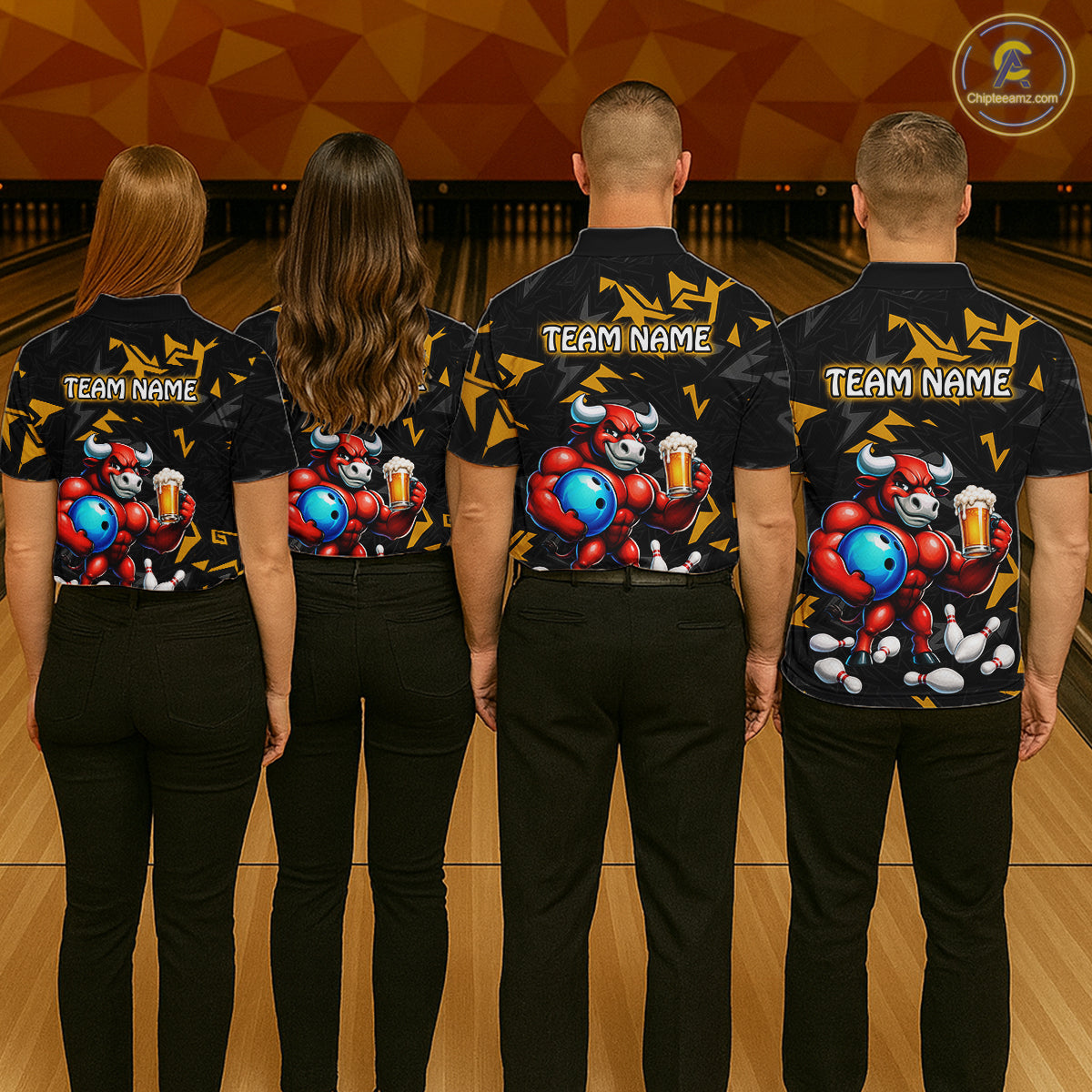Group of bowlers in beer bull team shirts, personalized bowling uniforms back view.