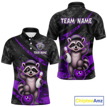 Load image into Gallery viewer, Bowling-themed polo shirt with raccoon design and customizable text on a white background