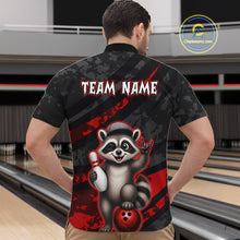 Load image into Gallery viewer, Person wearing a bowling shirt with a raccoon graphic and 'Team Name' text in a bowling alley.