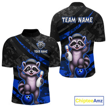 Load image into Gallery viewer, Bowling jersey with raccoon graphics and customizable text on a blue and black background