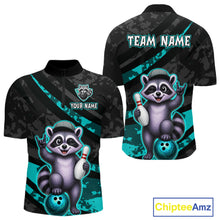 Load image into Gallery viewer, Bowling jersey with raccoon design and customizable text on a black and teal background