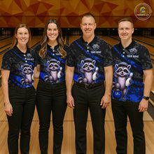 Load image into Gallery viewer, Four people wearing matching bowling shirts with raccoon graphics on a bowling alley background.