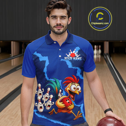 Blue Funny Chicken Bowling Team Shirt For Men, Rooster Bowling Jerseys Polo & 1/4 Zip HNT528
