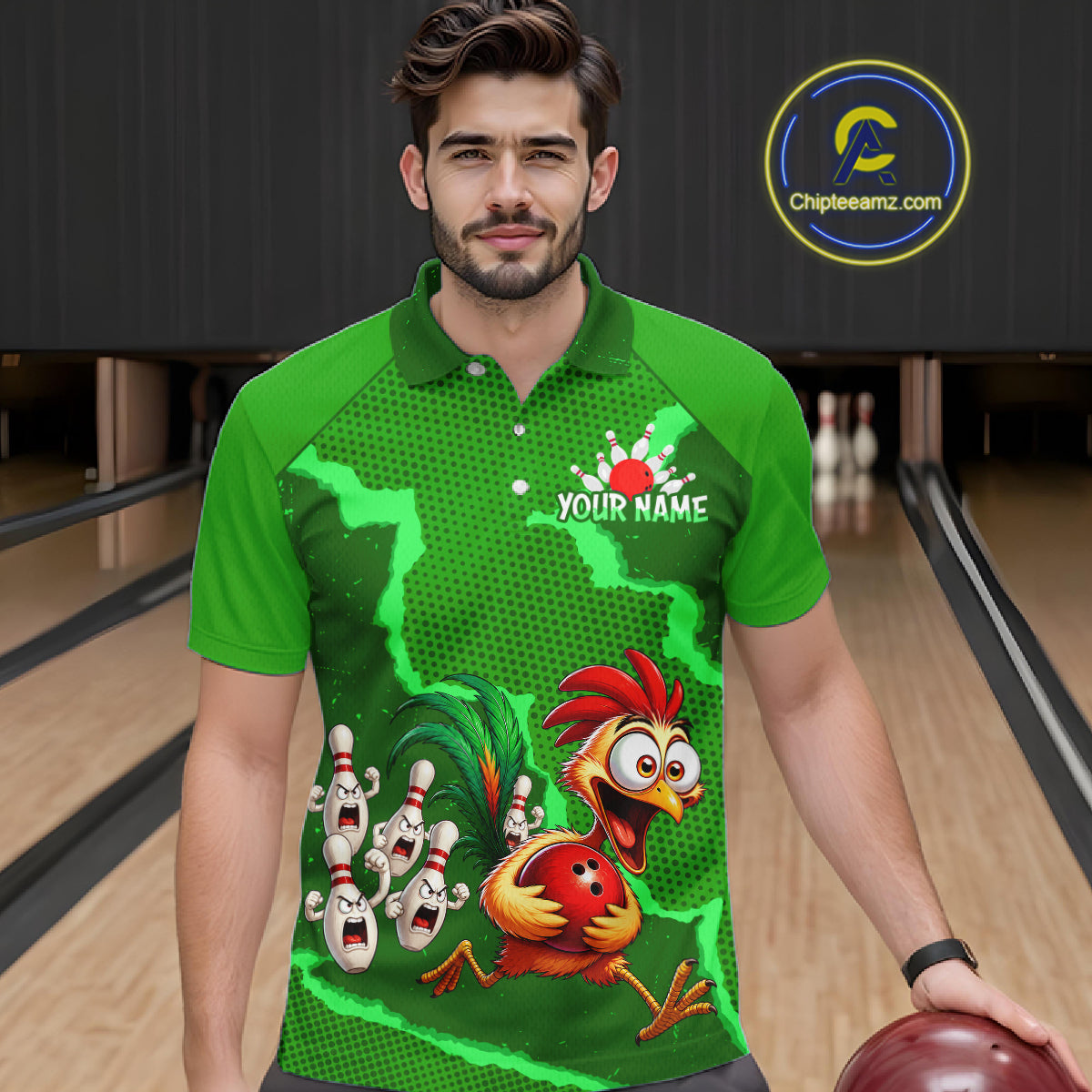 Green Funny Chicken Bowling Team Shirt For Men, Rooster Bowling Jerseys Polo & 1/4 Zip HNT528