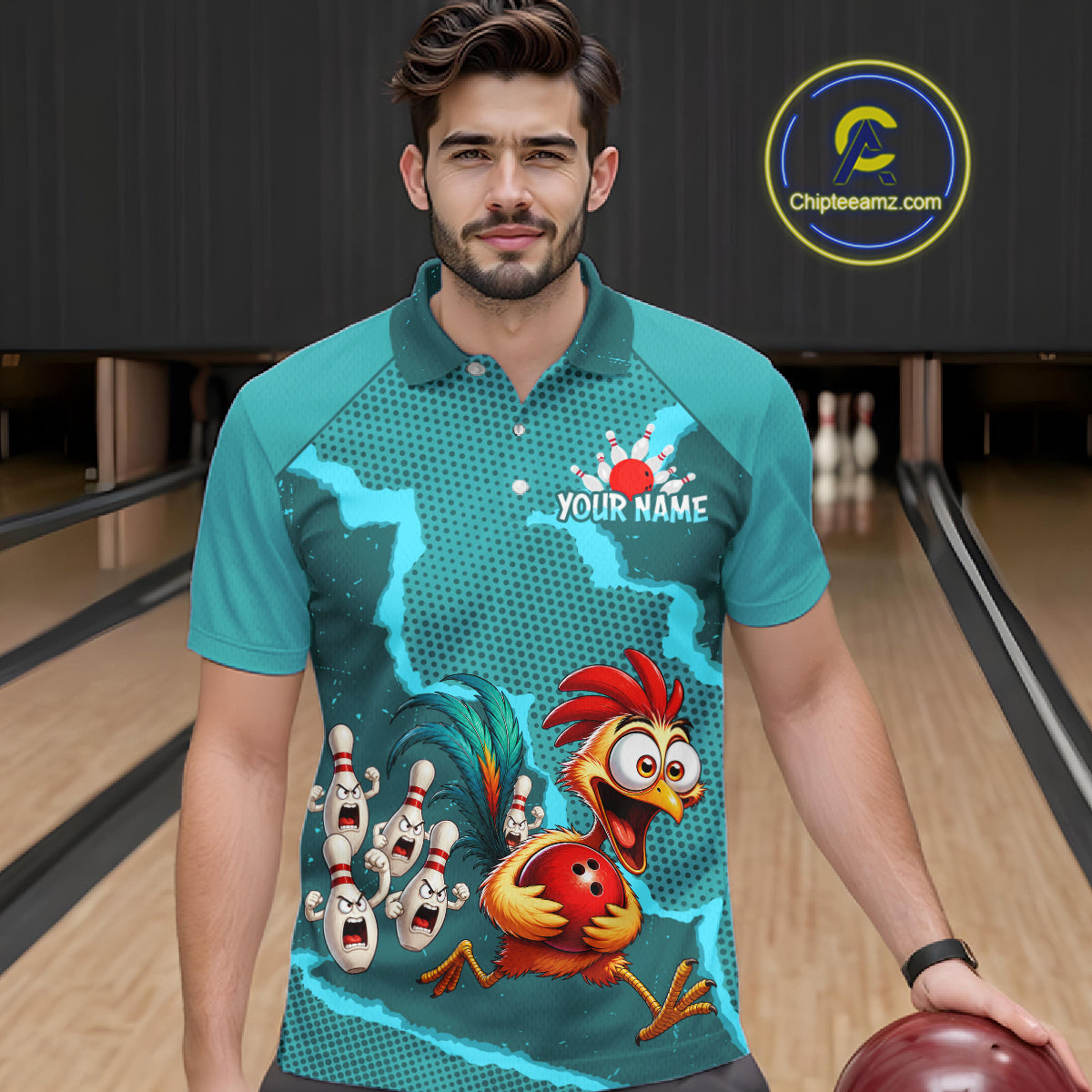 Turquoise Funny Chicken Bowling Team Shirt For Men, Rooster Bowling Jerseys Polo & 1/4 Zip HNT528