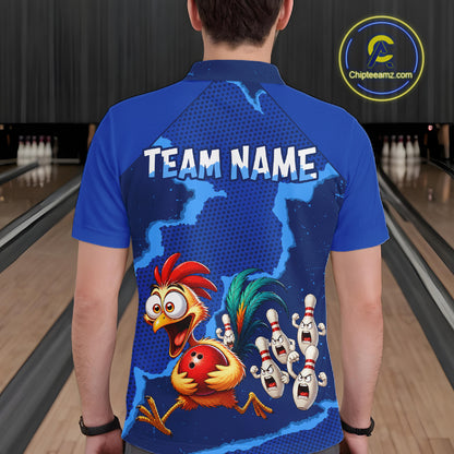 Blue Funny Chicken Bowling Team Shirt For Men, Rooster Bowling Jerseys Polo & 1/4 Zip HNT528