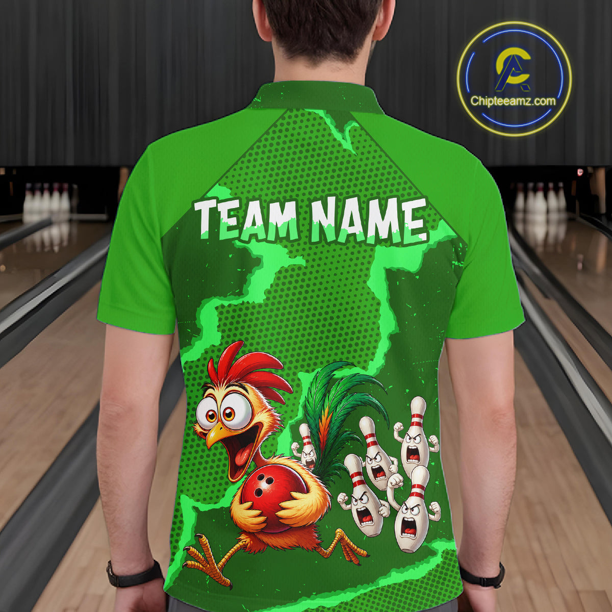 Green Funny Chicken Bowling Team Shirt For Men, Rooster Bowling Jerseys Polo & 1/4 Zip HNT528