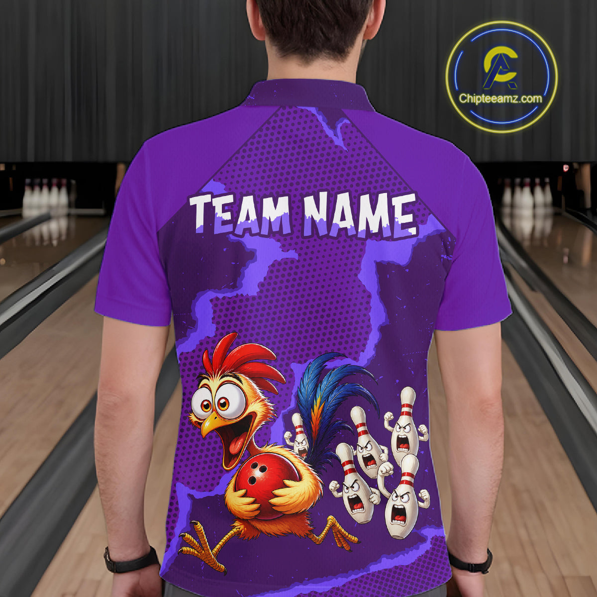 Purple Funny Chicken Bowling Team Shirt For Men, Rooster Bowling Jerseys Polo & 1/4 Zip HNT528