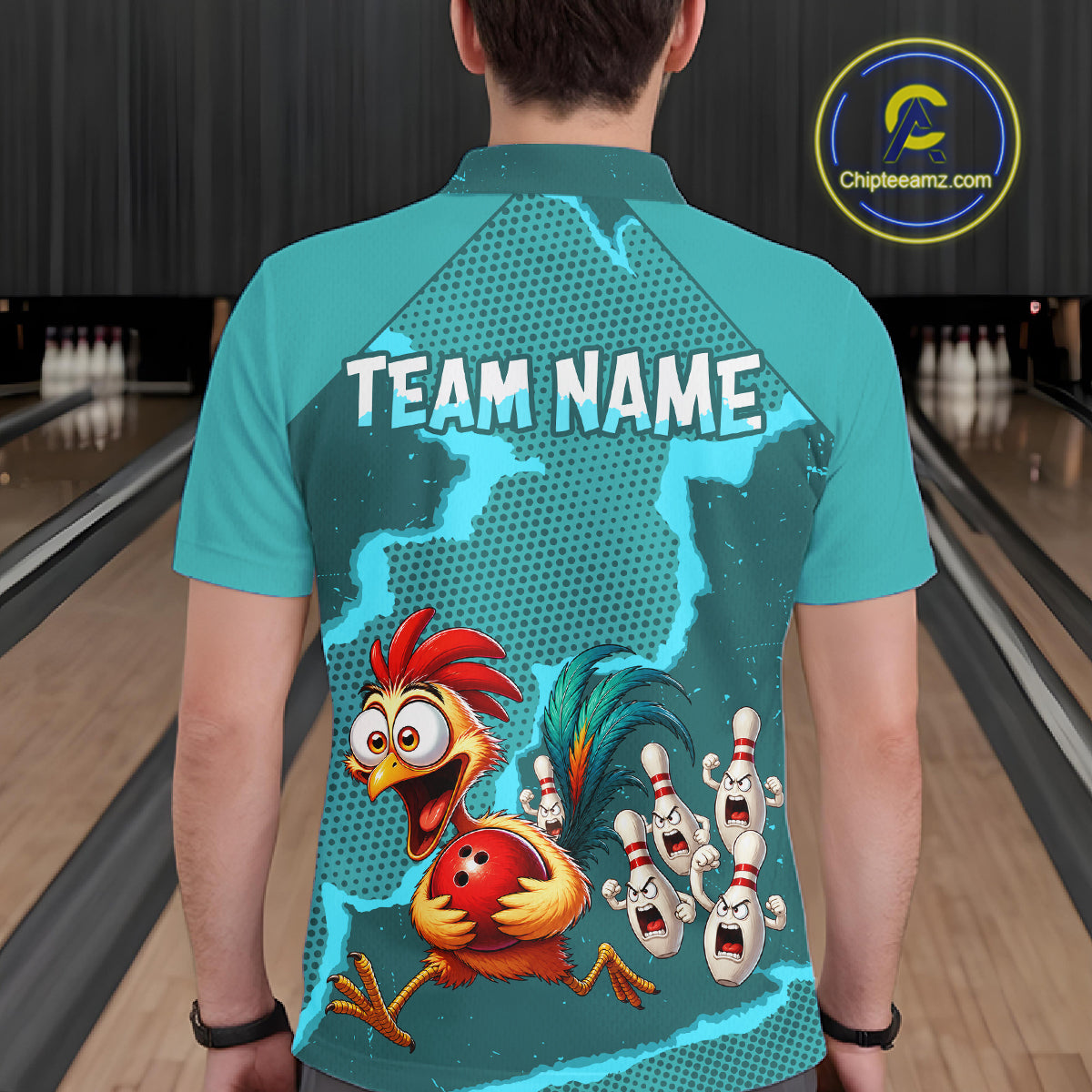 Turquoise Funny Chicken Bowling Team Shirt For Men, Rooster Bowling Jerseys Polo & 1/4 Zip HNT528