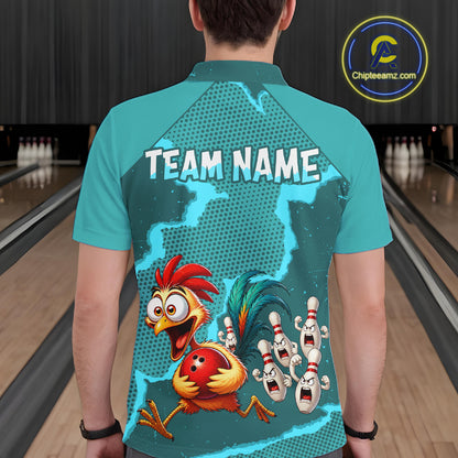 Turquoise Funny Chicken Bowling Team Shirt For Men, Rooster Bowling Jerseys Polo & 1/4 Zip HNT528