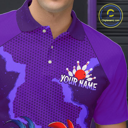 Purple Funny Chicken Bowling Team Shirt For Men, Rooster Bowling Jerseys Polo & 1/4 Zip HNT528