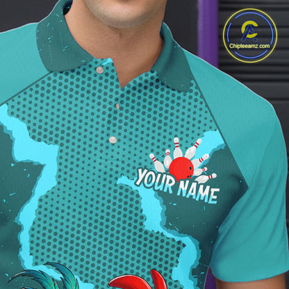 Turquoise Funny Chicken Bowling Team Shirt For Men, Rooster Bowling Jerseys Polo & 1/4 Zip HNT528