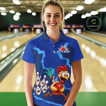 Blue Funny Chicken Bowling Team Shirt For Women, Rooster Bowling Jerseys Polo & 1/4 Zip HNT528