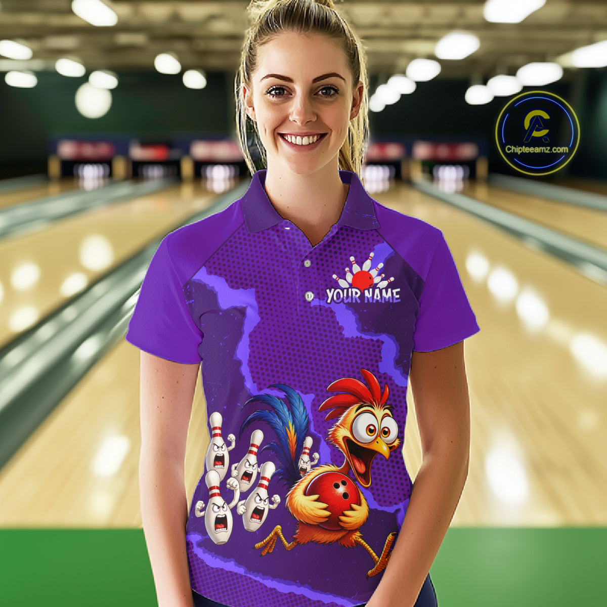 Purple Funny Chicken Bowling Team Shirt For Women, Rooster Bowling Jerseys Polo & 1/4 Zip HNT528
