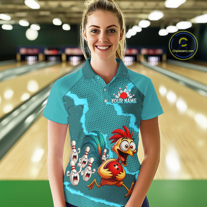 Turquoise Funny Chicken Bowling Team Shirt For Women, Rooster Bowling Jerseys Polo & 1/4 Zip HNT528