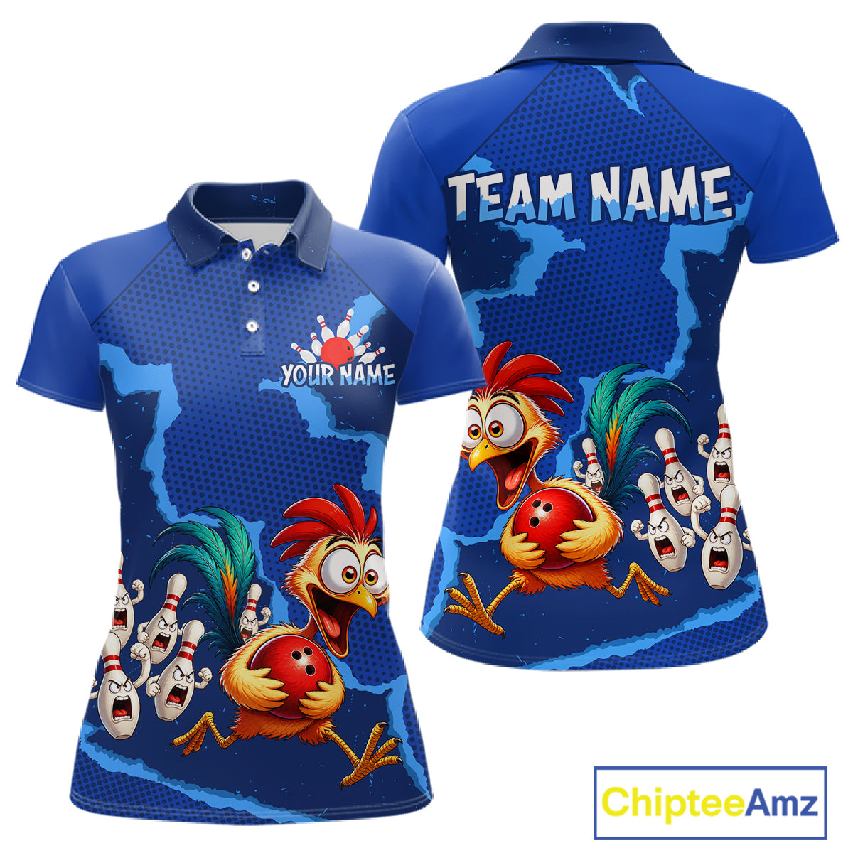 Blue Funny Chicken Bowling Team Shirt For Women, Rooster Bowling Jerseys Polo & 1/4 Zip HNT528